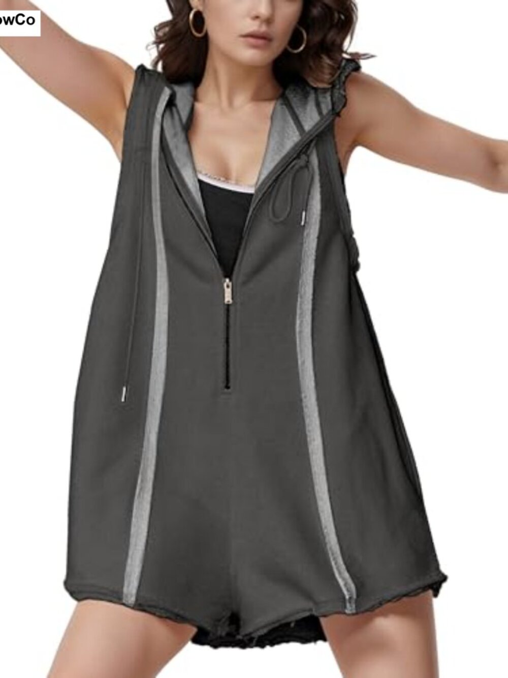 Women's Sleeveless Athletic Romper with Hood, Side Pockets, Relaxed Fit